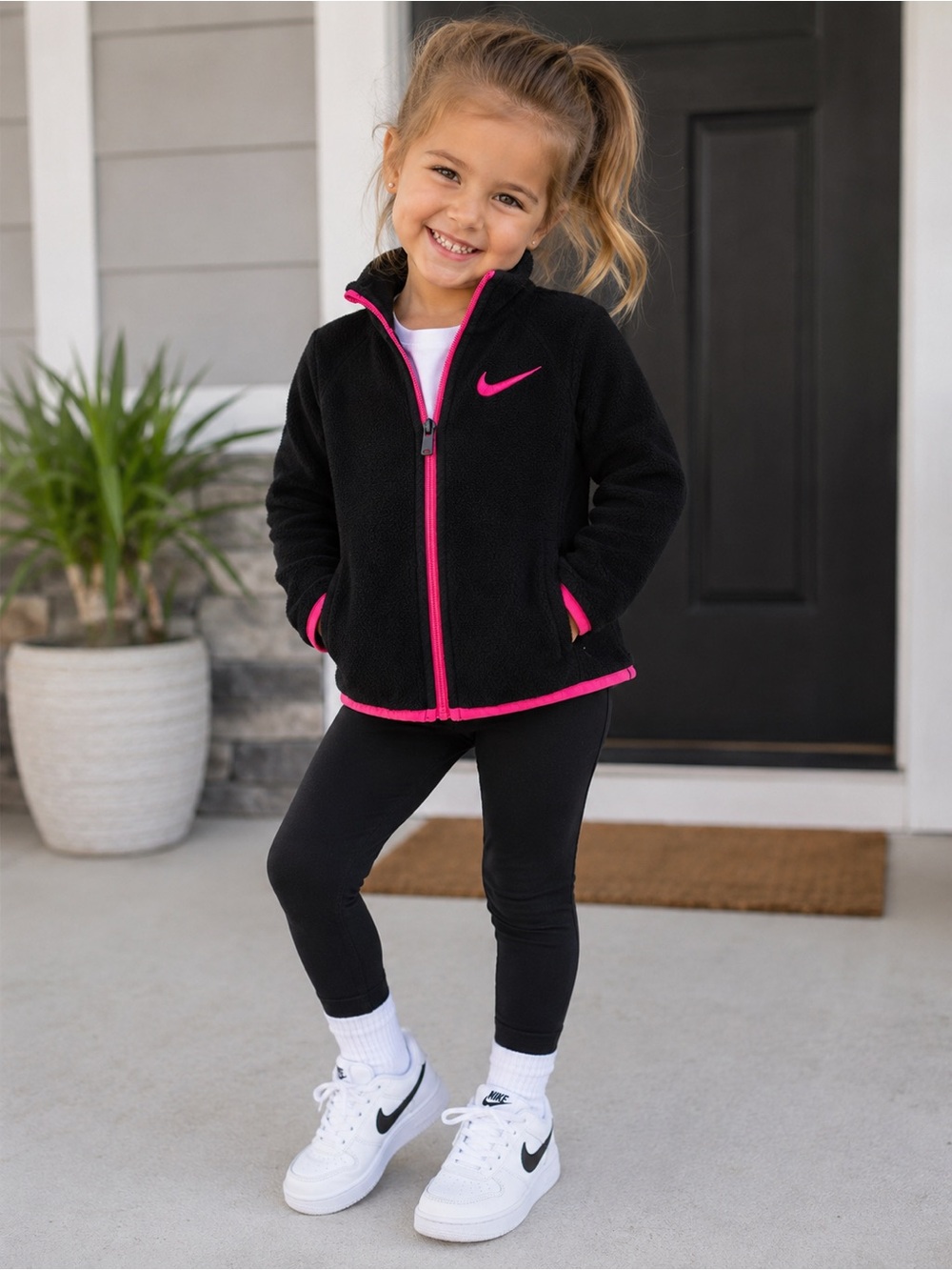 Nike Girls Black&Pink Full Zip Fleece Jacket 4T Athletic Athleisure Cozy Swoosh